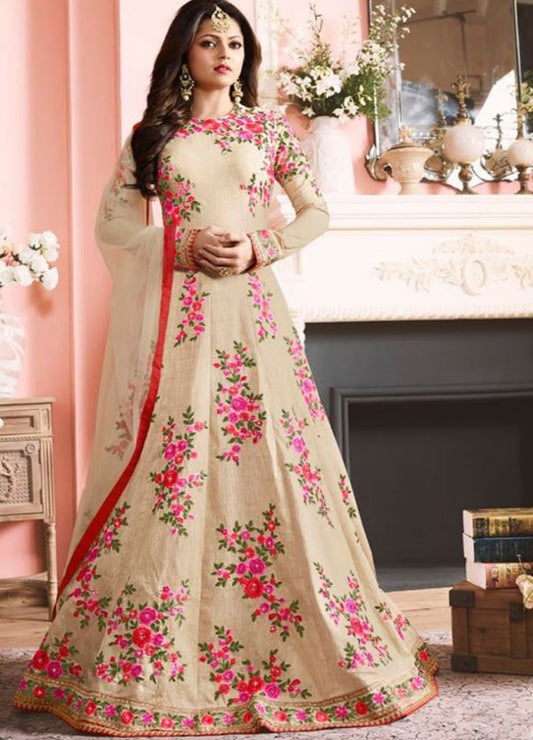 cream multicolor embroidered wedding gown