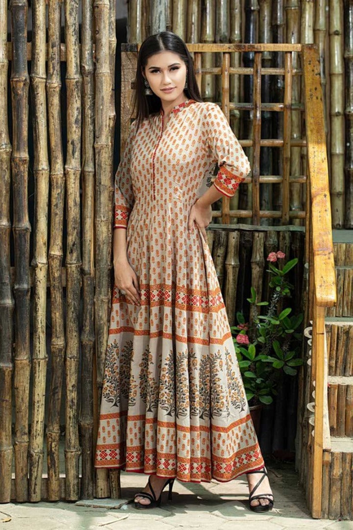 cream muslin cotton digital printed casual wear gown