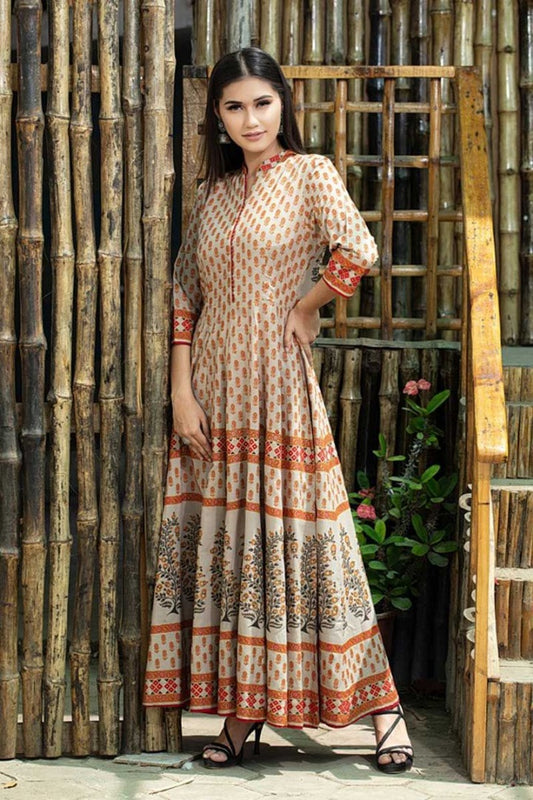 cream muslin cotton digital printed casual wear gown