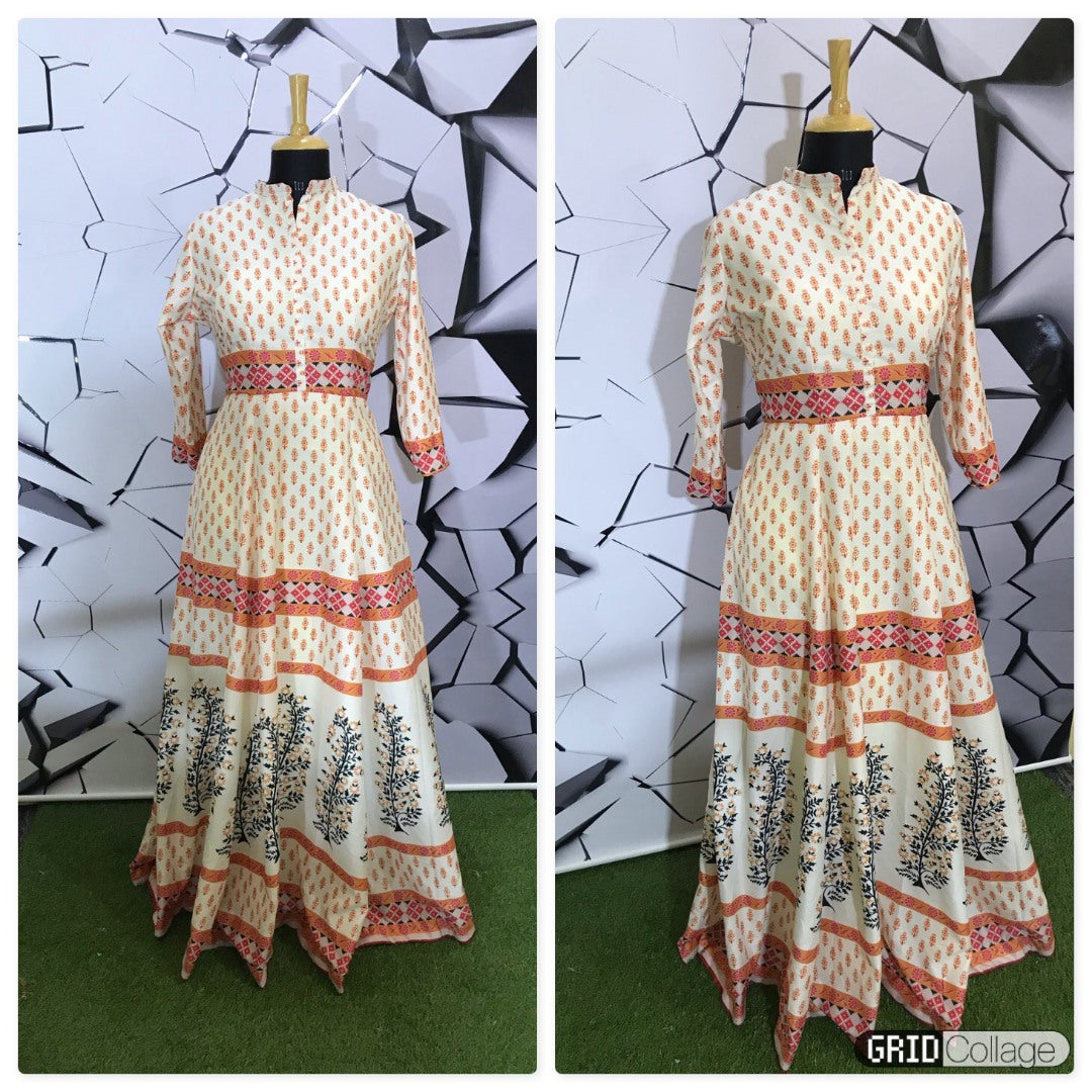 cream muslin cotton digital printed casual wear gown