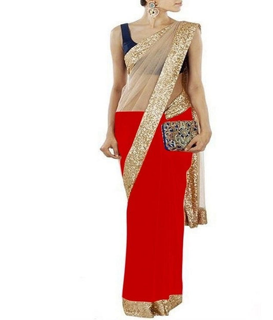 cream net and red half half sequence border partywear saree