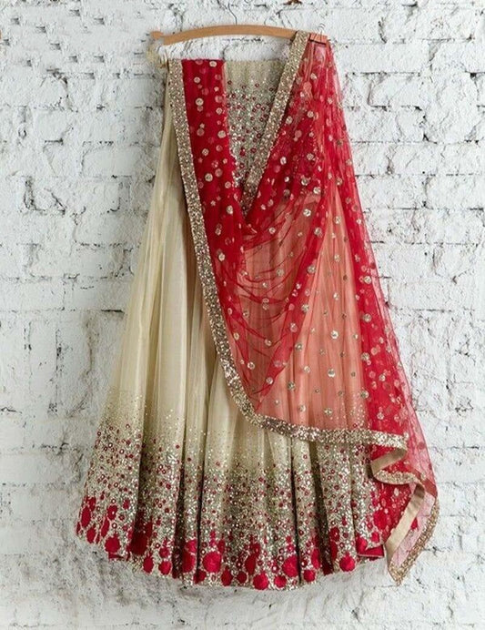 Cream net embroidered wedding lehenga
