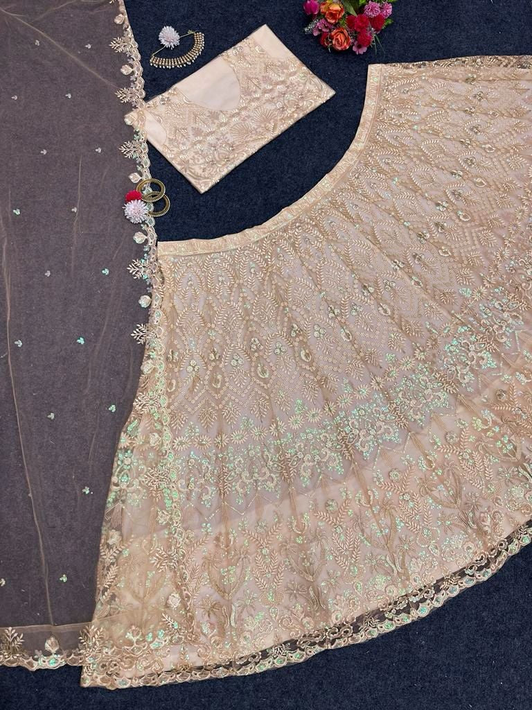 Cream net heavy work wedding lehenga choli