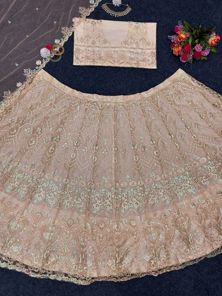 Cream net heavy work wedding lehenga choli