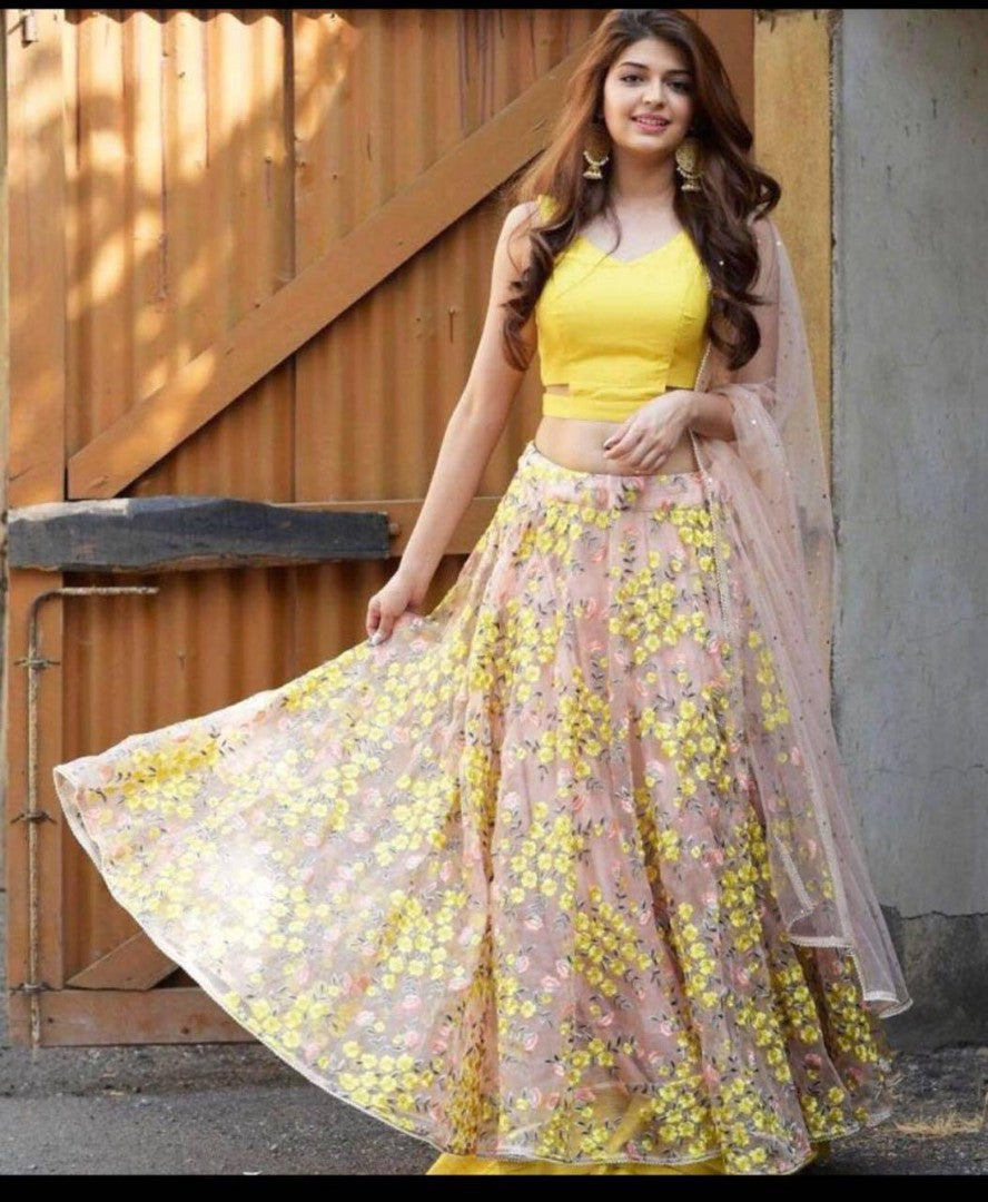 cream net multi color threadwork beautiful ceremonial lehenga