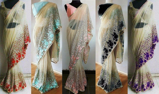 cream net multicolor thread and sequence embroidered ceremonial saree
