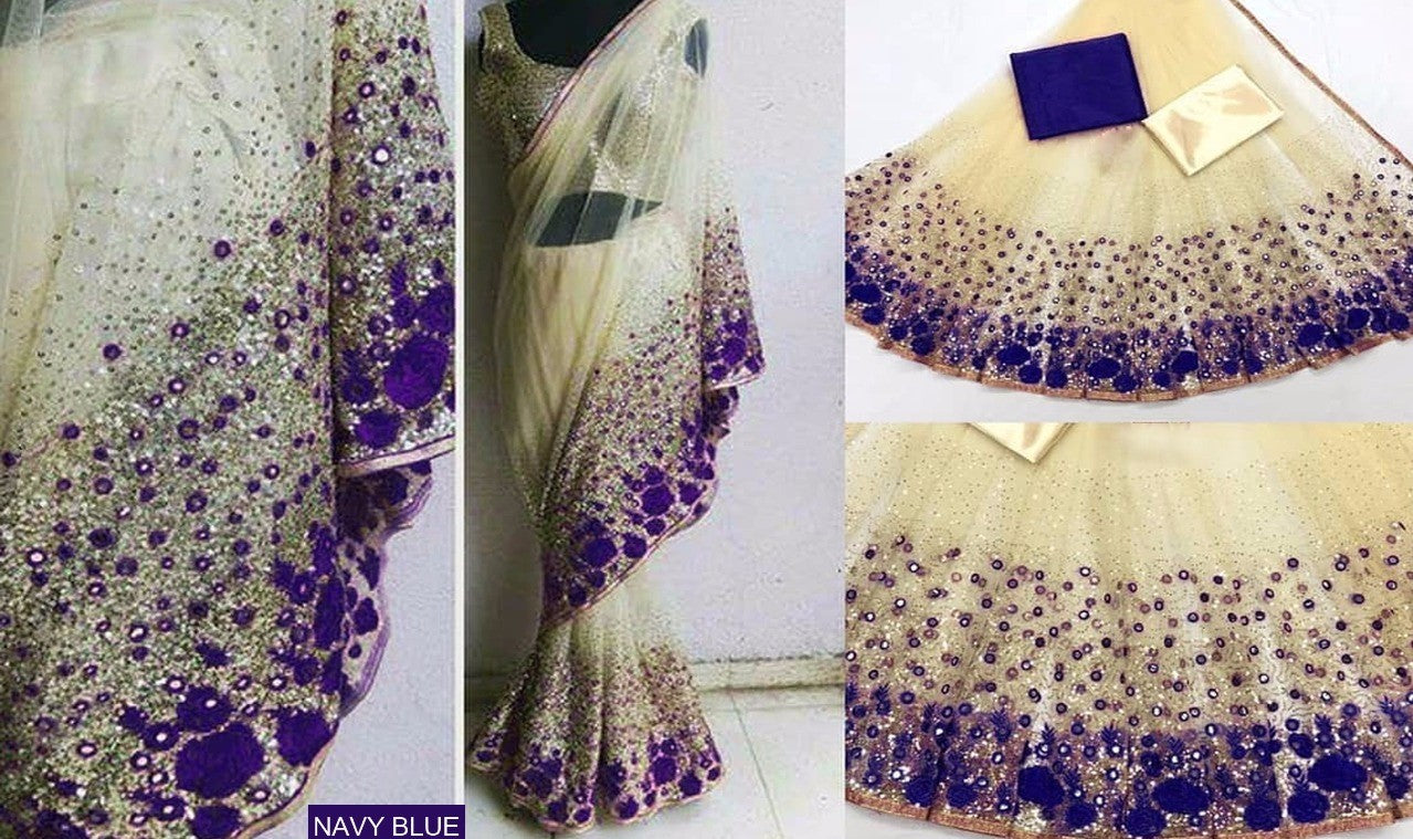 cream net multicolor thread and sequence embroidered ceremonial saree