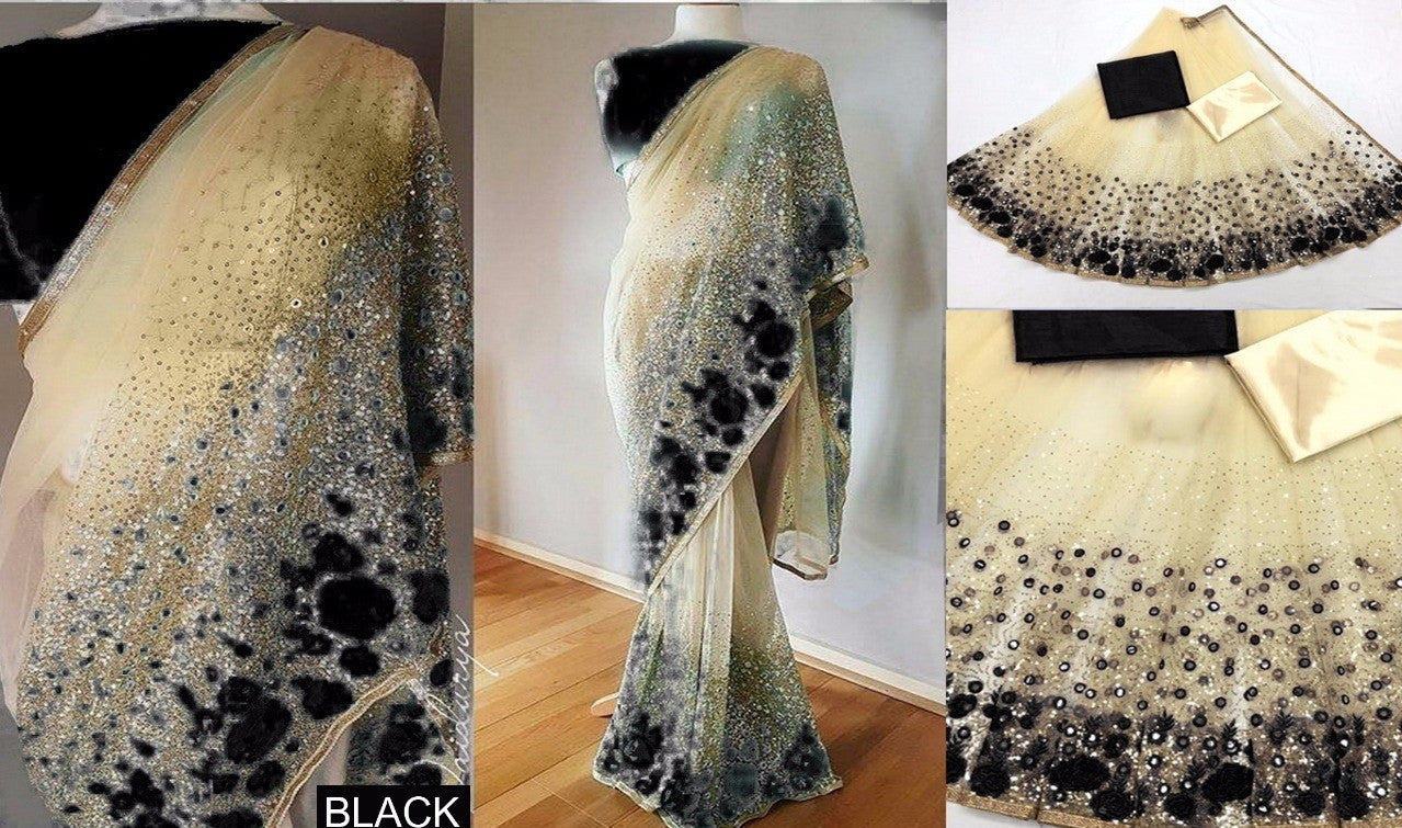 cream net multicolor thread and sequence embroidered ceremonial saree