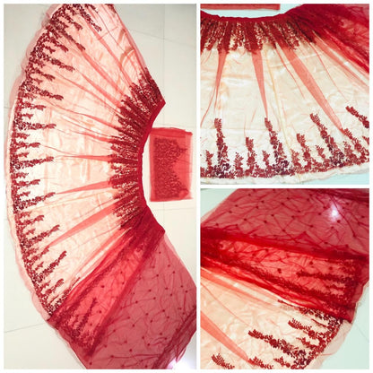 Cream net red threadwork embroidered ceremonial lehenga choli