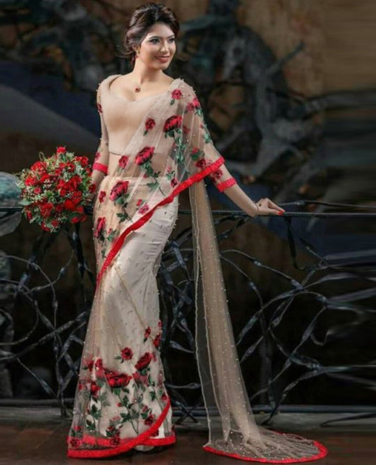 Cream net rose threadwork designer partywear saree