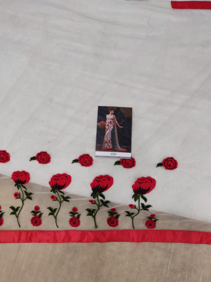 Cream net rose threadwork designer partywear saree