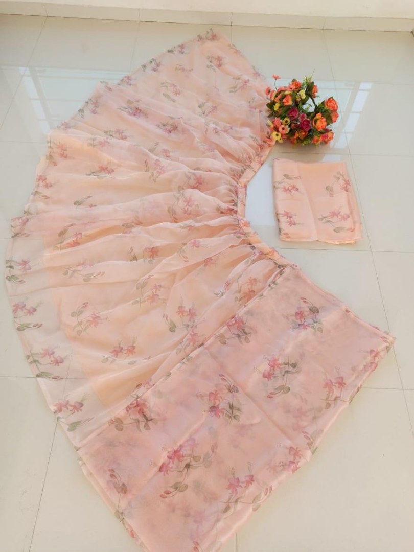 Cream organza floral printed lehenga choli