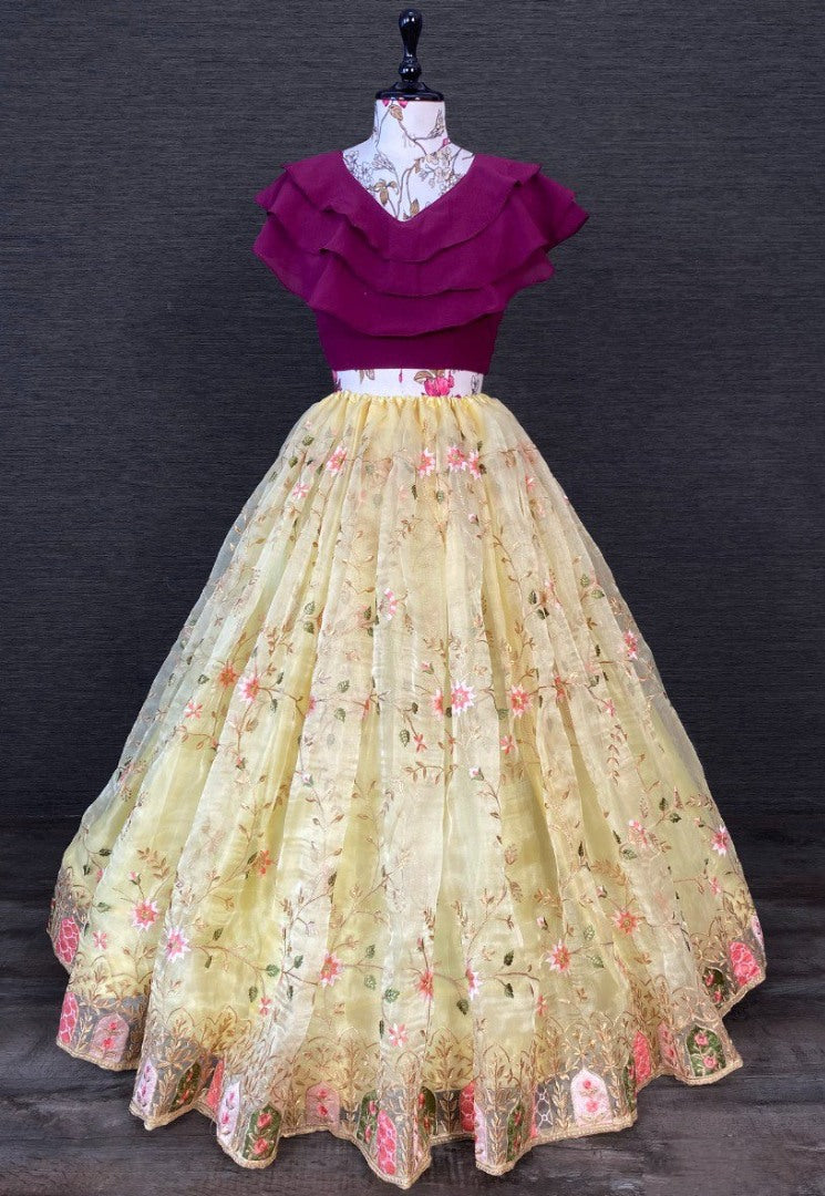 Cream organza heavy embroidered crop top lehenga
