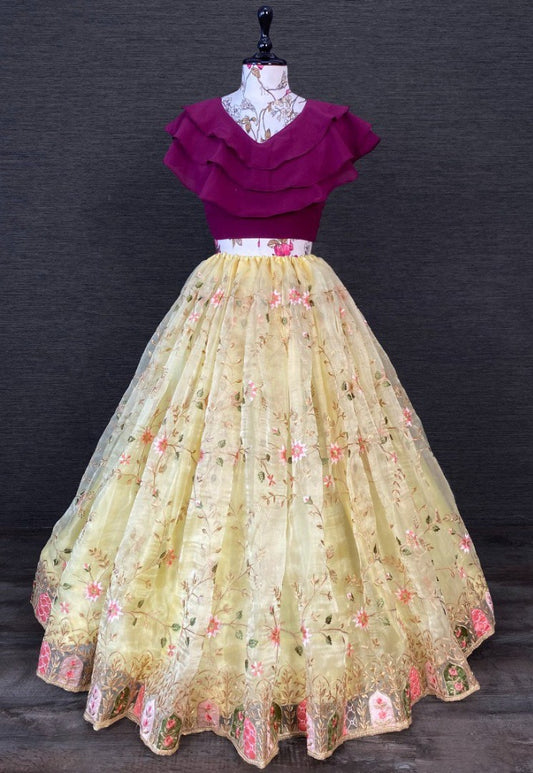 Cream organza heavy embroidered crop top lehenga