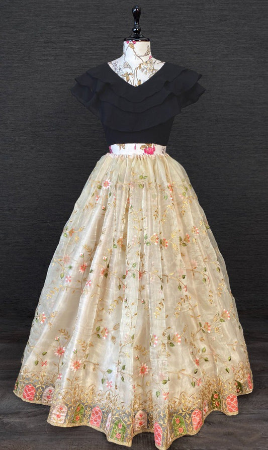 Cream organza heavy embroidered crop top lehenga