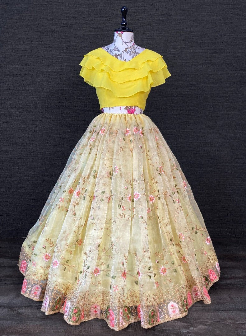 Cream organza heavy embroidered crop top lehenga
