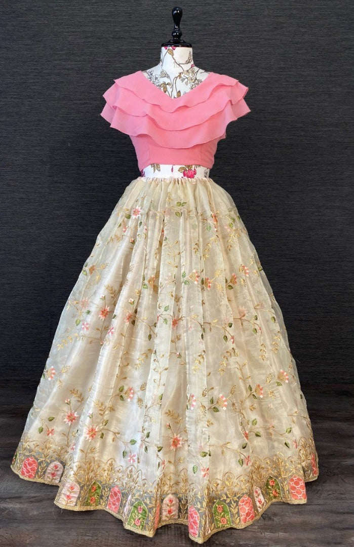 Cream organza heavy embroidered crop top lehenga