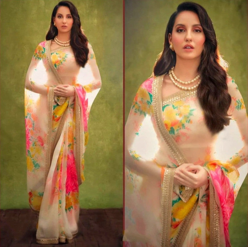 Cream organza silk digital printed saree