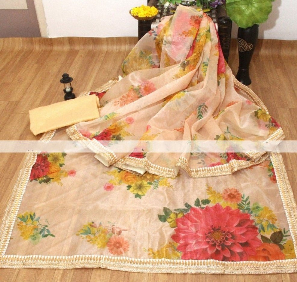 Cream organza silk digital printed saree