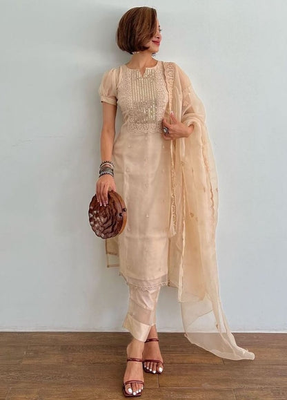 Cream organza thread and sequence embroidered salwar suit