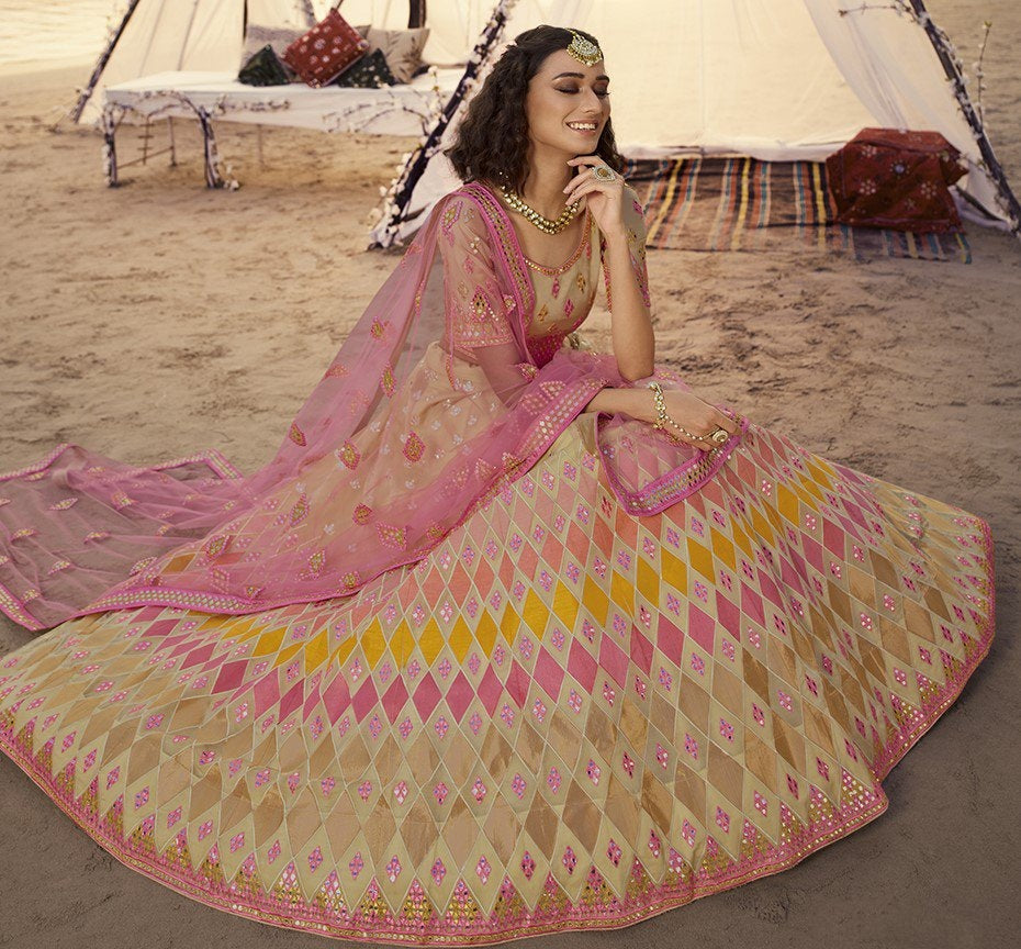 Cream organza thread, foil & mirror work bridal lehenga choli
