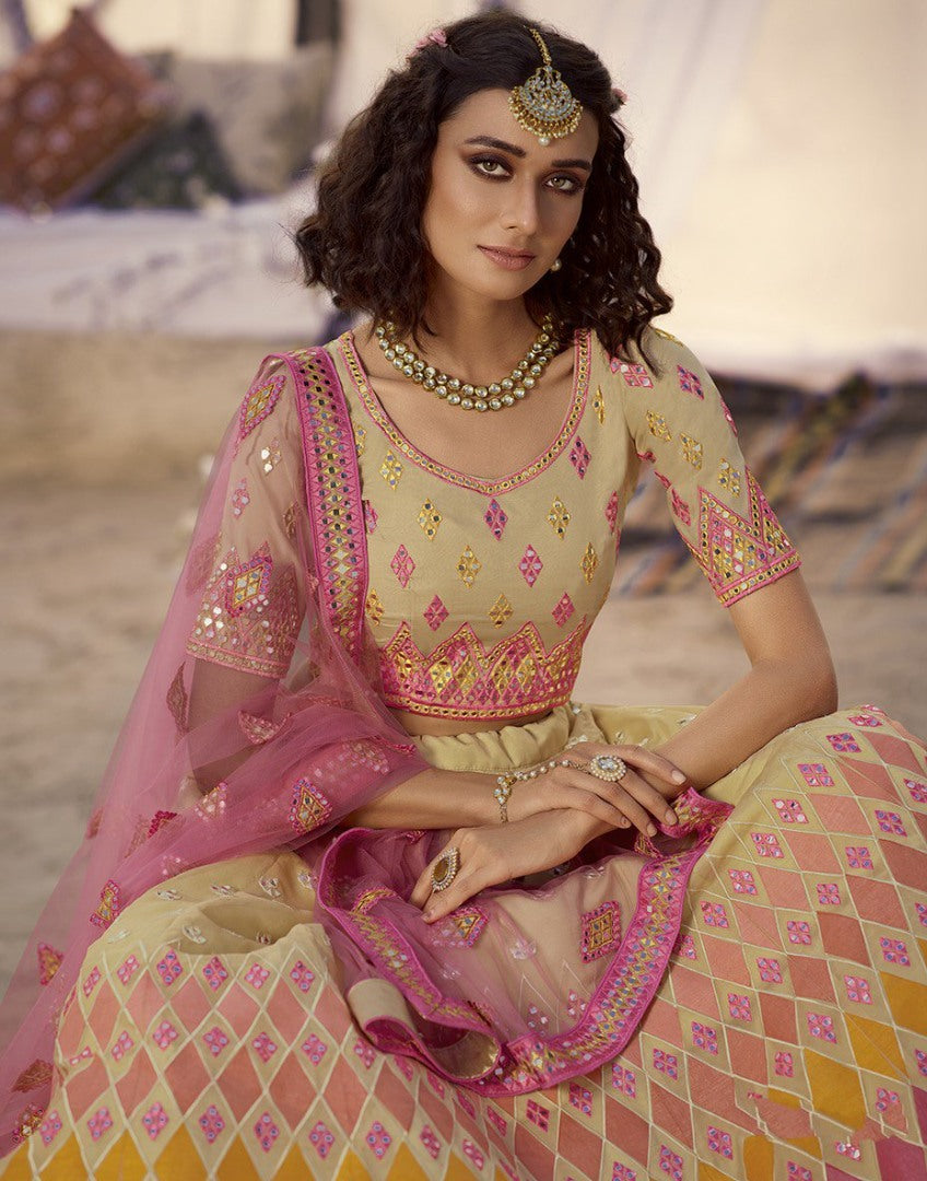 Cream organza thread, foil & mirror work bridal lehenga choli
