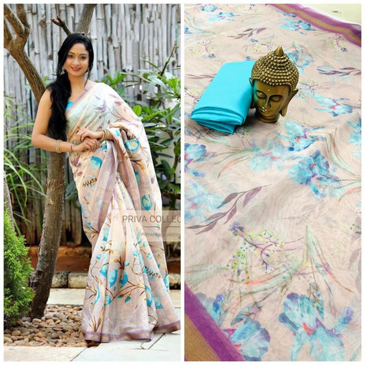 cream orgenza floral digital printed saree