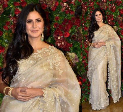 cream orgenza silk embroidered bollywood saree