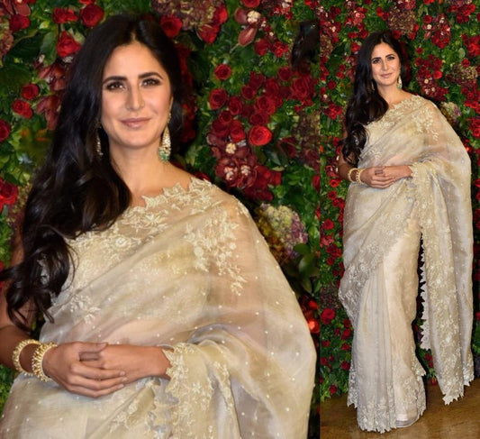 cream orgenza silk embroidered bollywood saree