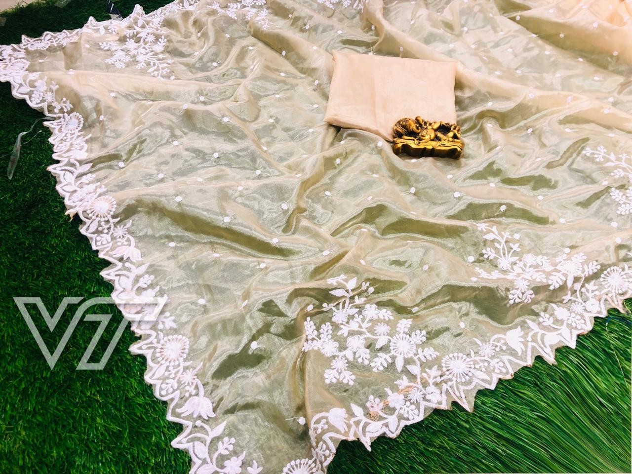 cream orgenza silk embroidered bollywood saree