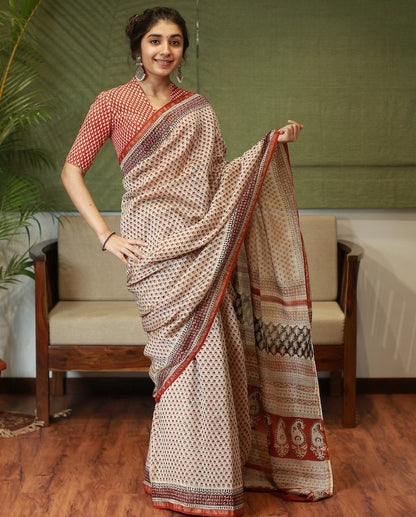 Cream premium linen ajrakh digital printed work saree