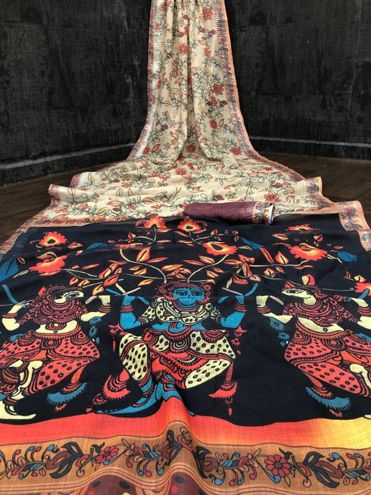 Cream premium linen kalamkari digital printed work designer saree