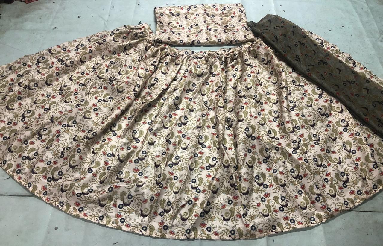 cream printed banglory satin lehenga choli