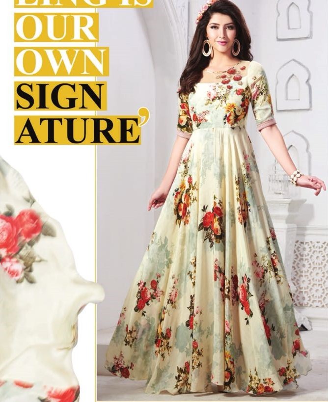 cream printed maslin cotton long gown