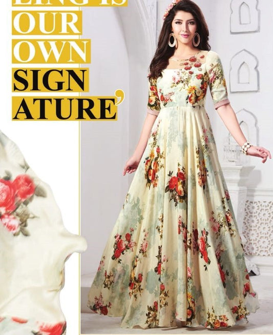 cream printed maslin cotton long gown