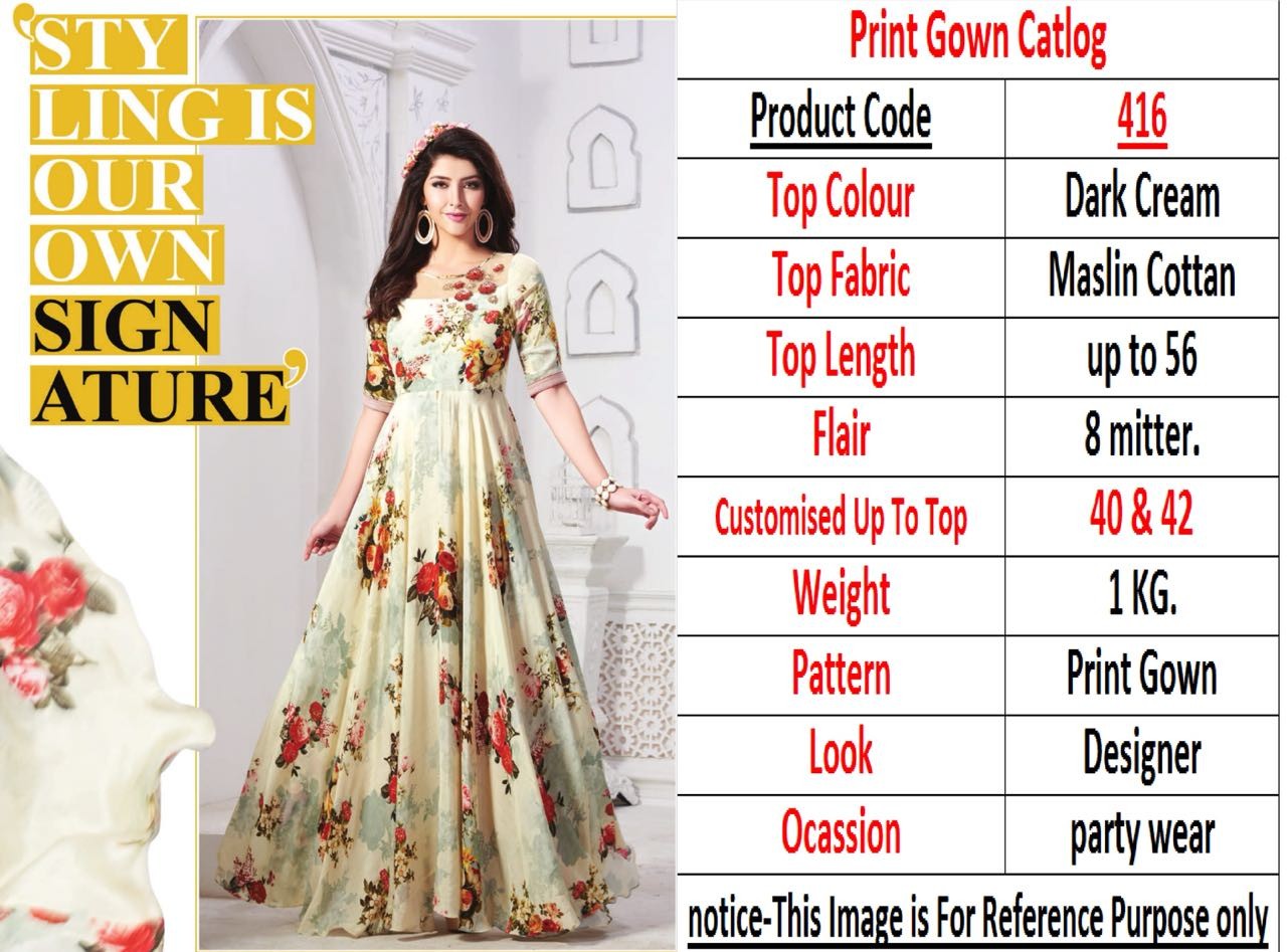 cream printed maslin cotton long gown