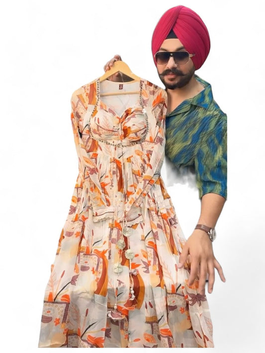Cream printed naira cut stylish anarkali suit