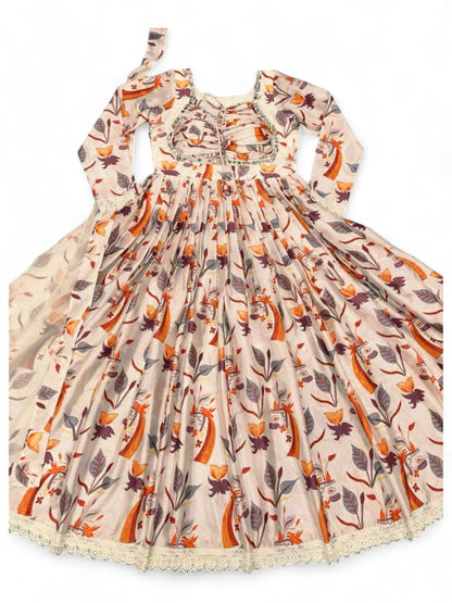 Cream printed naira cut stylish anarkali suit