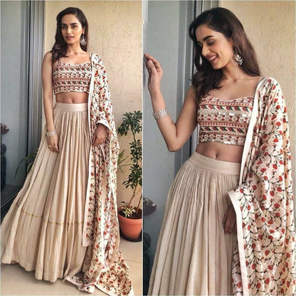 cream printed nura silk bollywood style lehenga choli