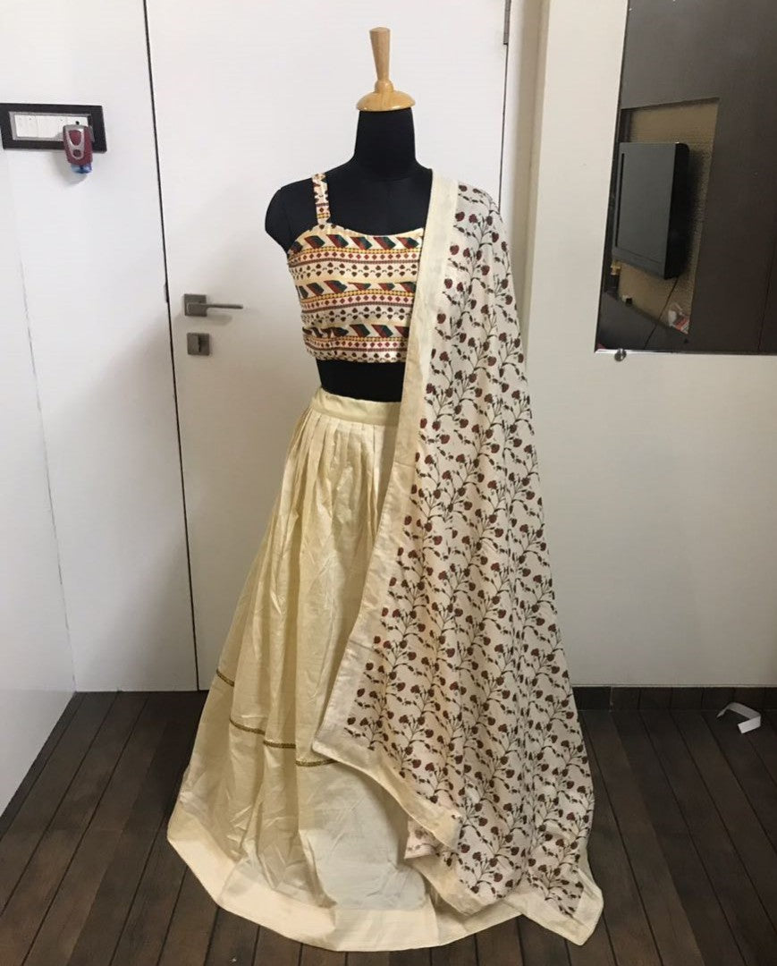 cream printed nura silk bollywood style lehenga choli