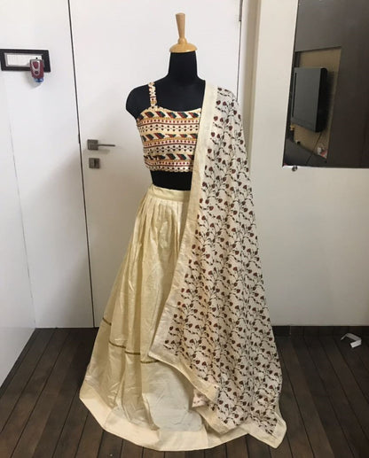 cream printed nura silk bollywood style lehenga choli