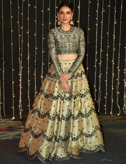 cream printed silk partywear croptop lehenga