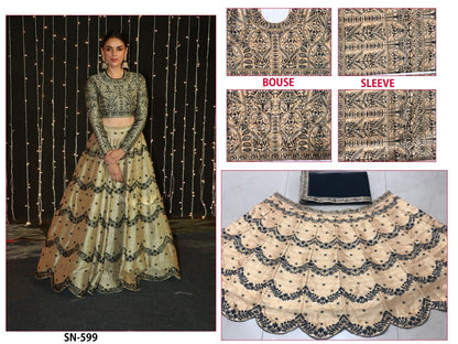 cream printed silk partywear croptop lehenga