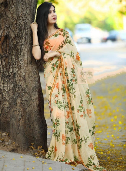 cream pure georgette digital floral printed regular wear saree