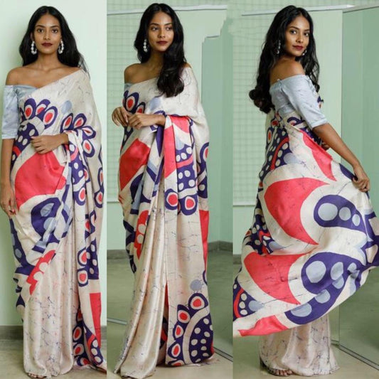 Cream pure satin digital printed partywear saree