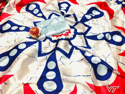 Cream pure satin digital printed partywear saree