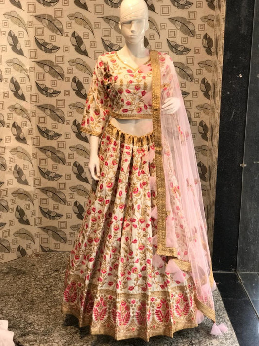 cream raw silk floral designer embroidered bridal lehenga