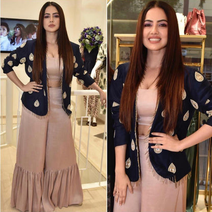 cream satin georgette silk plazzo with blue jacket