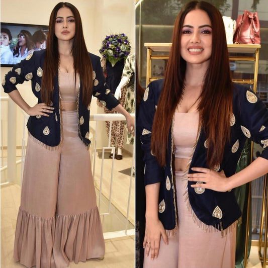 cream satin georgette silk plazzo with blue jacket