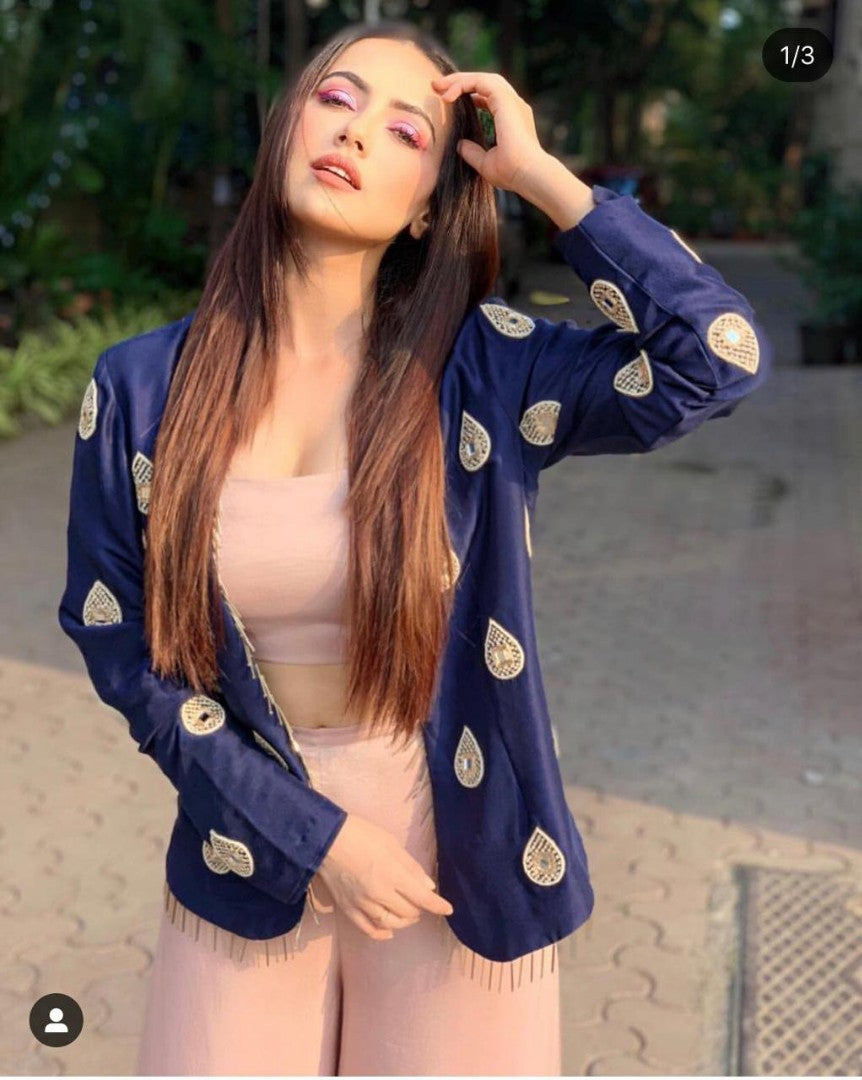 cream satin georgette silk plazzo with blue jacket